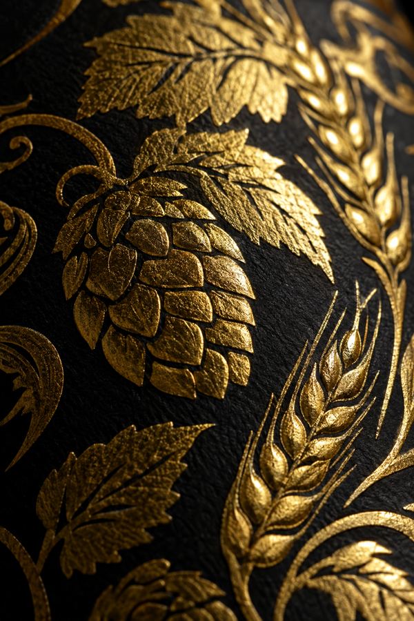 Close-up of a dark craft beer label with gold hot-foil hops and barley and raised embossing