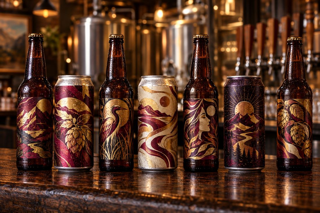 Craft beer bottles and cans with bold illustrated labels and gold foil accents on a taproom bar