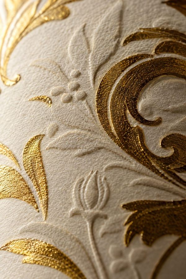 Close-up of a cream label with raised embossing and gold hot-foil flourishes