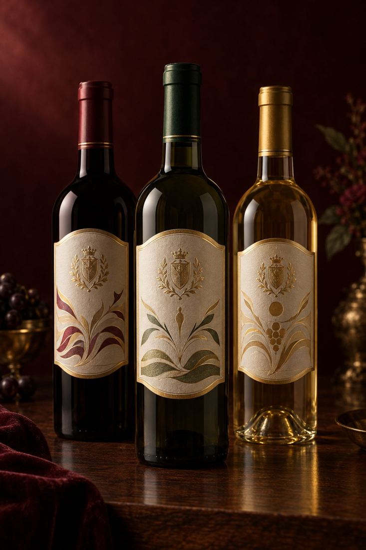 Three wine bottles with cream labels featuring gold foil borders and embossed crests