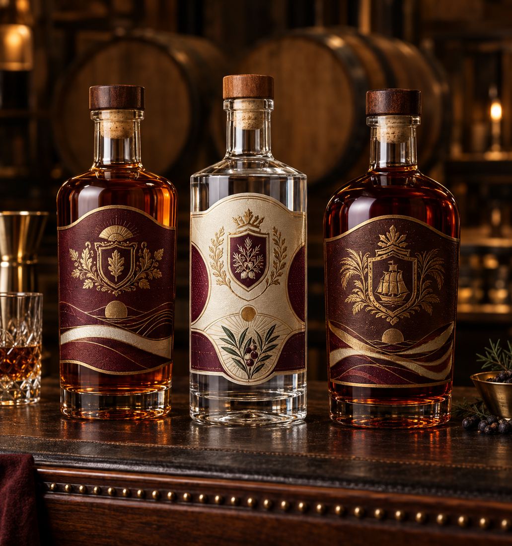 Whiskey, gin, and rum bottles with gold foil and embossed crest labels on a dark bar with oak barrels behind